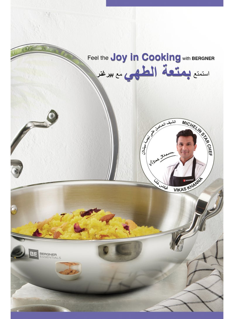 بيرجنر مقلاة تشويح بيرغنر 24 سم (3 لتر) من الفولاذ ثلاثي الطبقات مع غطاء زجاجي - مقلاة عميقة للطهي الصحي واستخدام زيت أقل - "ووك" بقاعدة حث - "كاداي" ثلاثية الطبقات لتوزيع حراري متساوٍ - مقلاة تشويح عميقة - Image 5